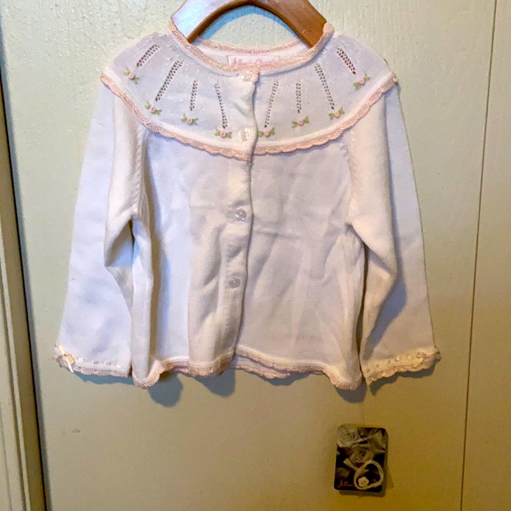 Jillian’s Closet White Cardigan with Pink Rosettes